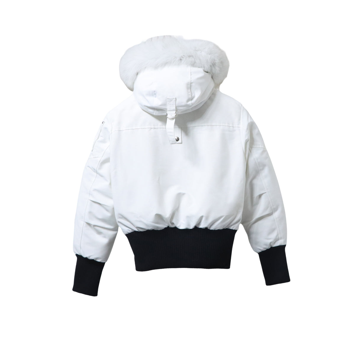 Moose Knuckles Women's White Fur Hood Bomber Jacket – Black Contrast Rib Fur Pom Studded Puffer