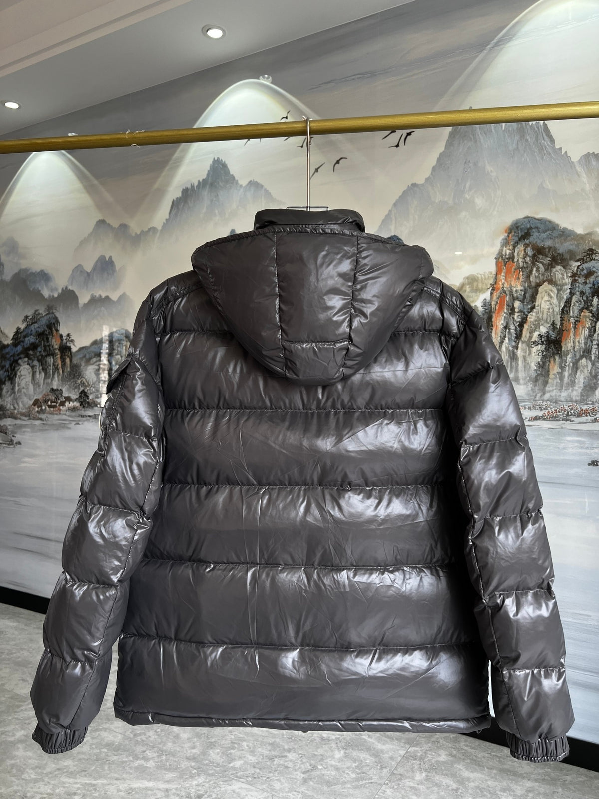 Moncler Women's Graphite Grey Maya Short Down Jacket – Glossy Nylon Hooded Puffer Coat with Signature Logo Badge