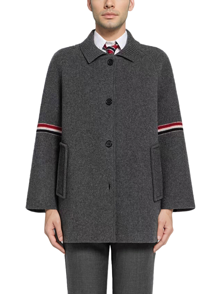 Unisex wool coat with webbing sleeves | Thom Browne