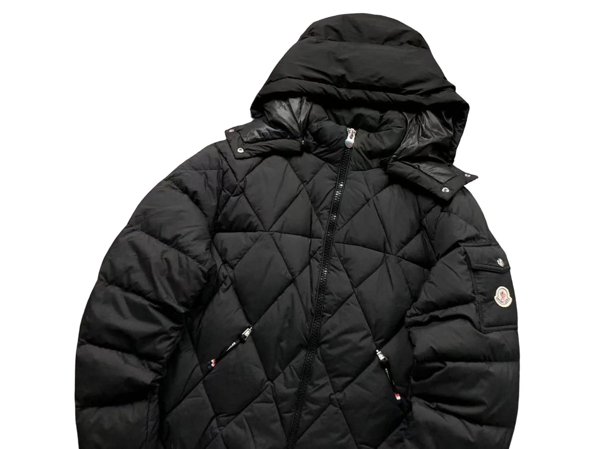 Moncler Black Diamond-Quilted Hooded Puffer Jacket – Logo Sleeve Pocket
