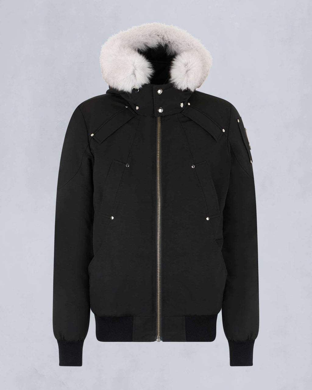 Moose Knuckles Women's Black White Fur Hood Bomber Jacket – Silver Zip Contrast Fur Studded Puffer
