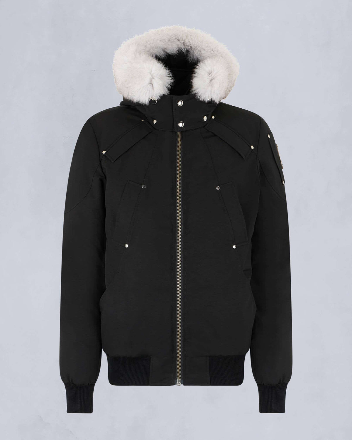 Moose Knuckles Women's Black White Fur Hood Bomber Jacket – Silver Zip Contrast Fur Studded Puffer