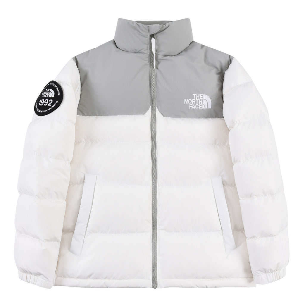 The North Face Men's White Grey Nuptse 1992 Down Jacket – Colorblock Anniversary Badge Puffer