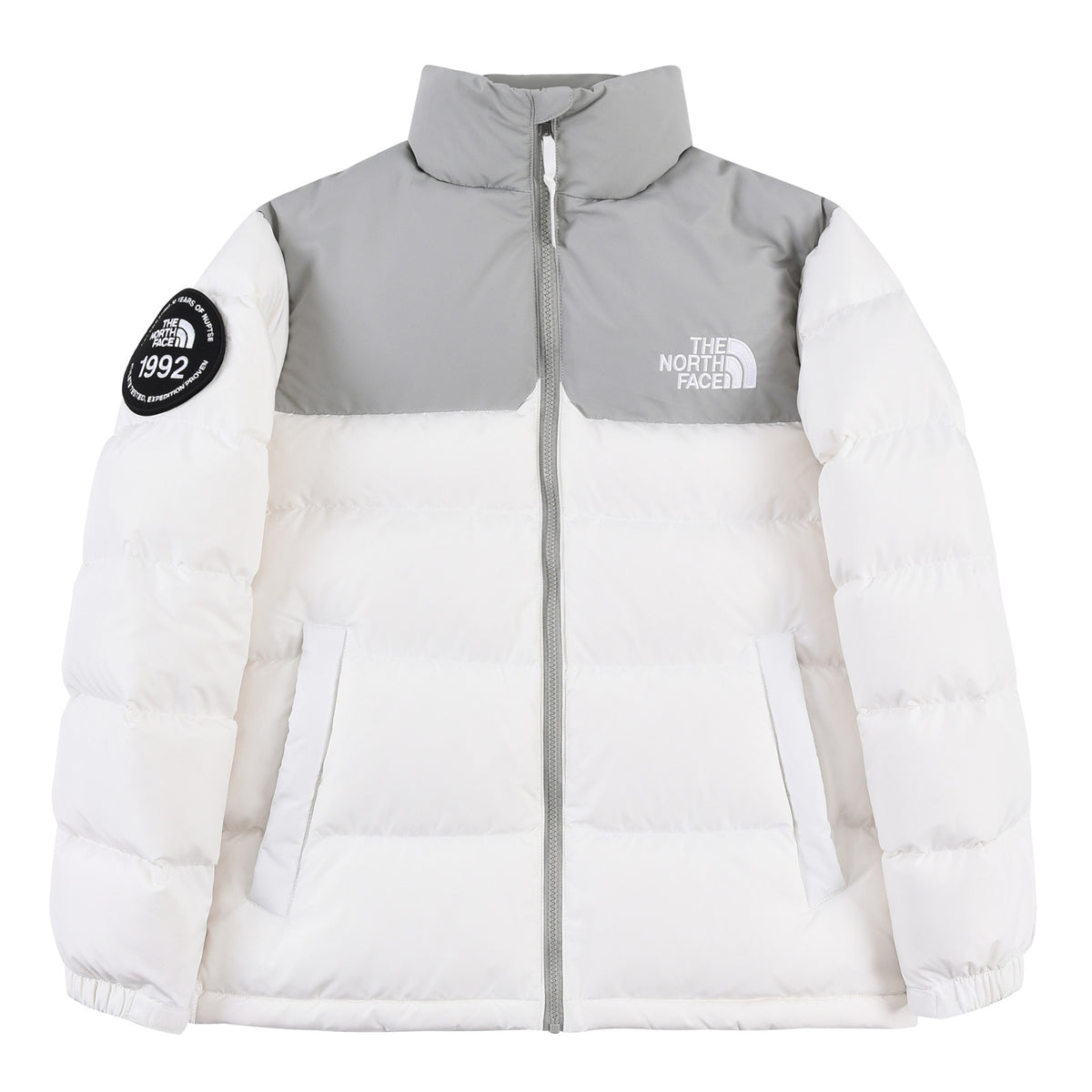 The North Face Men's White Grey Nuptse 1992 Down Jacket – Colorblock Anniversary Badge Puffer