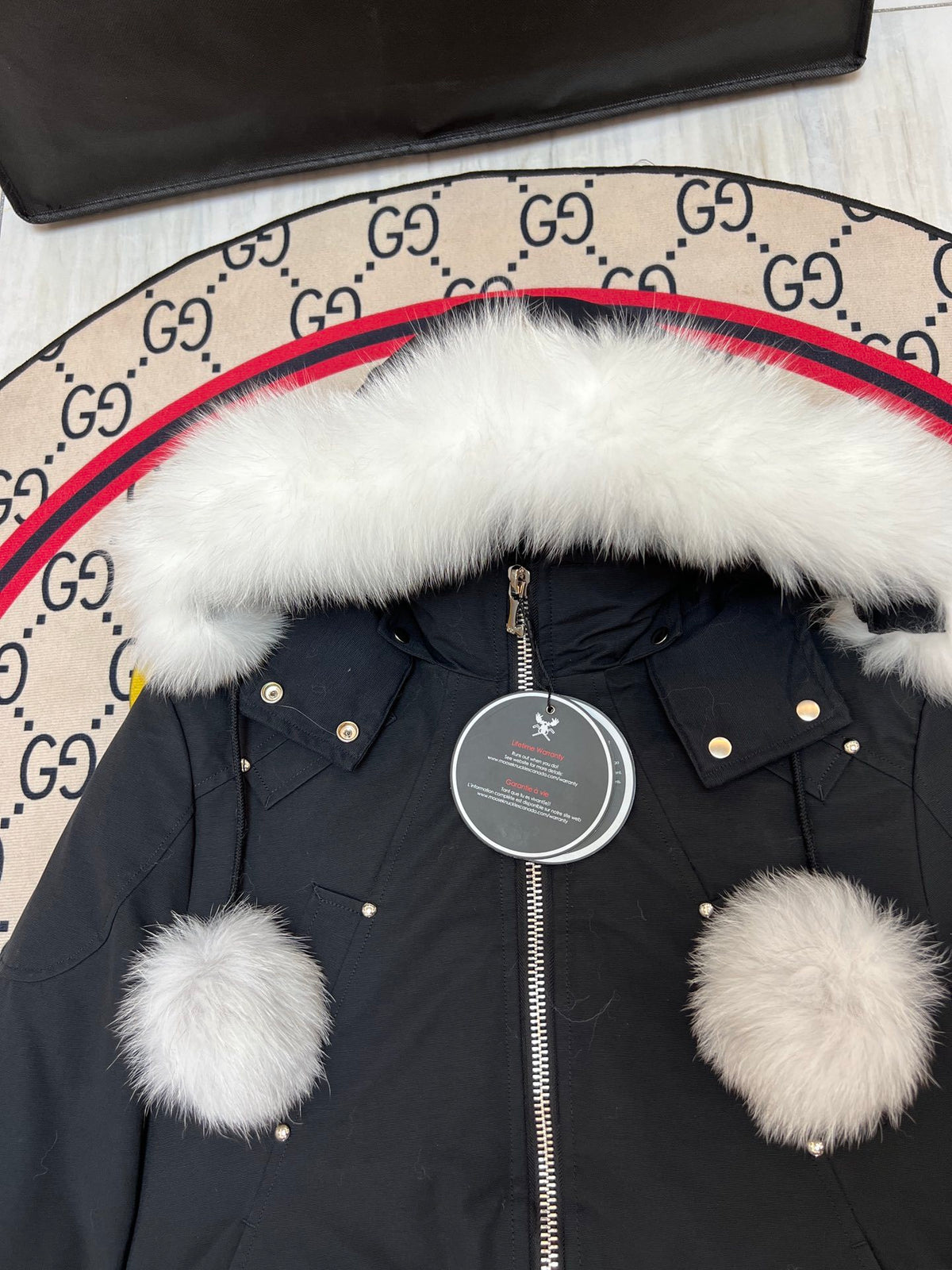 Moose Knuckles Women's Jet Black 3Q Down Jacket – Black Fox Fur Trim White Pom-Pom Hood Silver MK Hook Ribbed Knit Cuff Short Puffer Coat