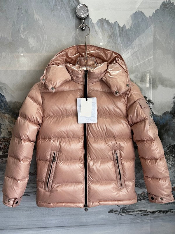 Moncler Women's Rose Gold Hooded Down Jacket – Glossy Blush Pink Snap-Front Puffer
