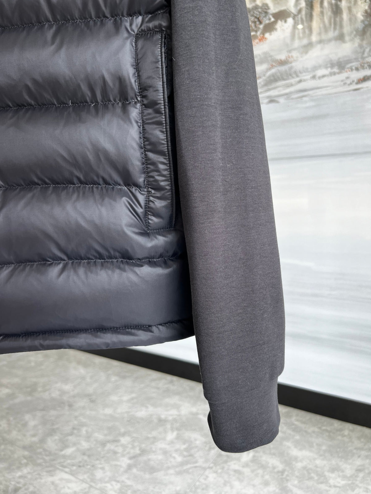 Moncler Men's Charcoal Grey Cardigan Zip Hoodie – White Stripe Quilted Front Hybrid Jacket