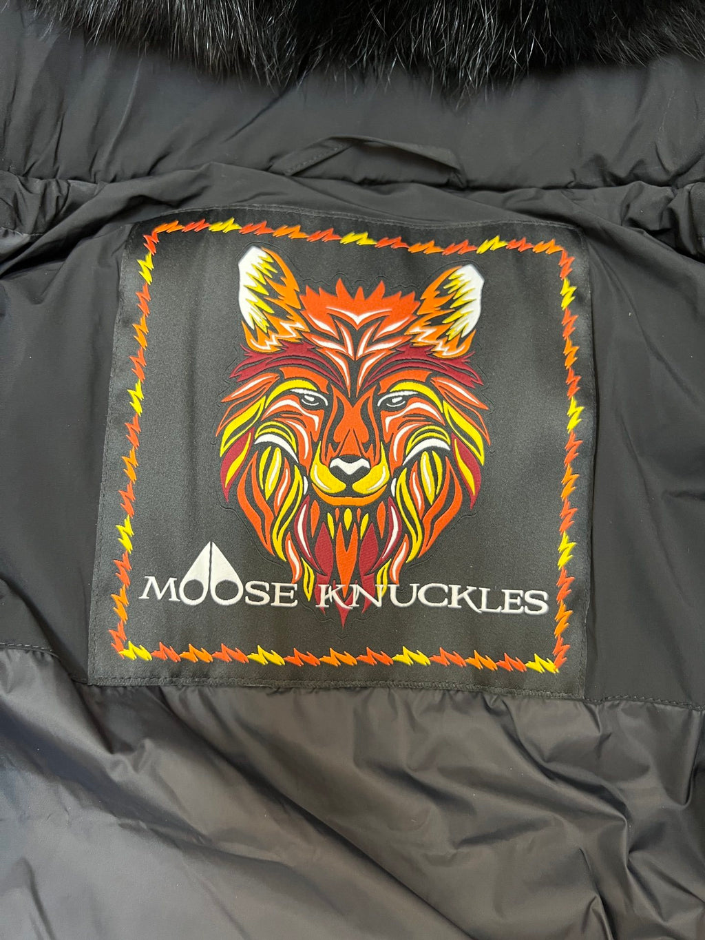 Moose Knuckles Women's Jet Black Military Edition Down Jacket – Black Fox Fur Hood Gold MK Hook Army Patch Embroidered Short Puffer Coat