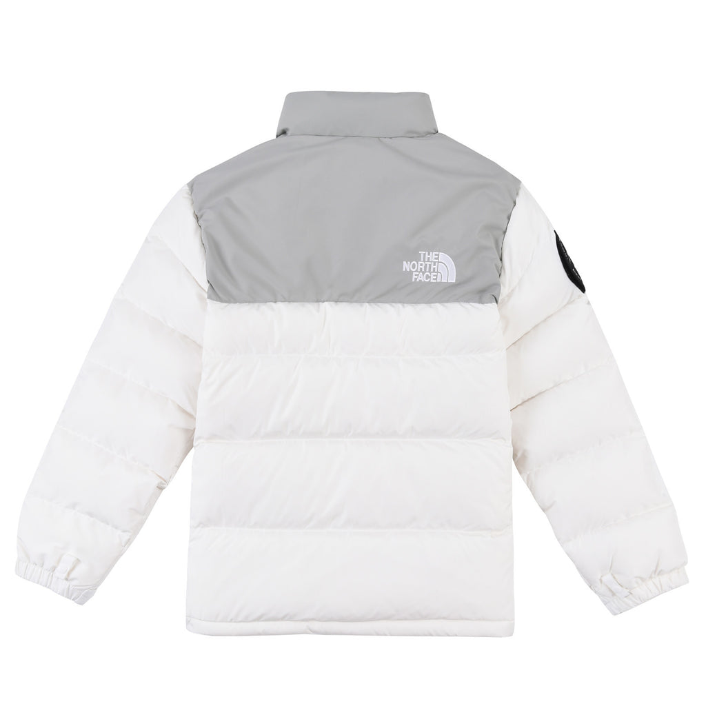 The North Face Men's White Grey Nuptse 1992 Down Jacket – Colorblock Anniversary Badge Puffer