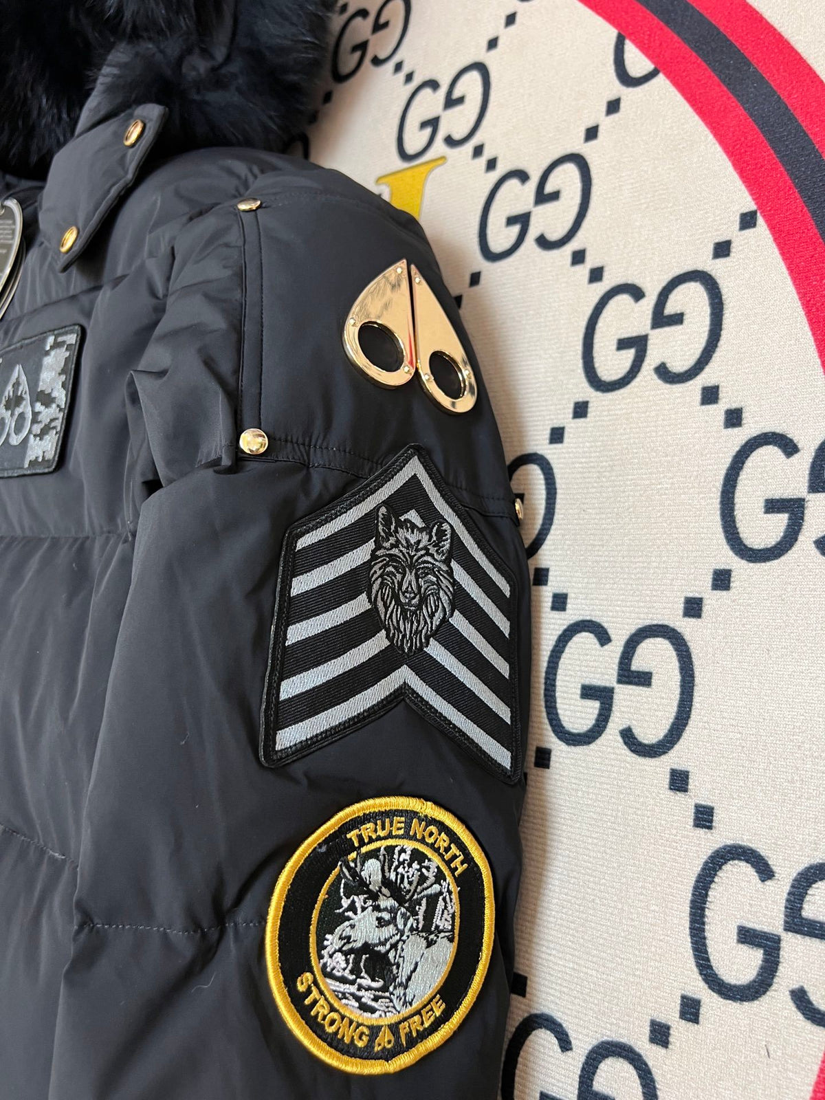 Moose Knuckles Women's Jet Black Military Edition Down Jacket – Black Fox Fur Hood Gold MK Hook Army Patch Embroidered Short Puffer Coat