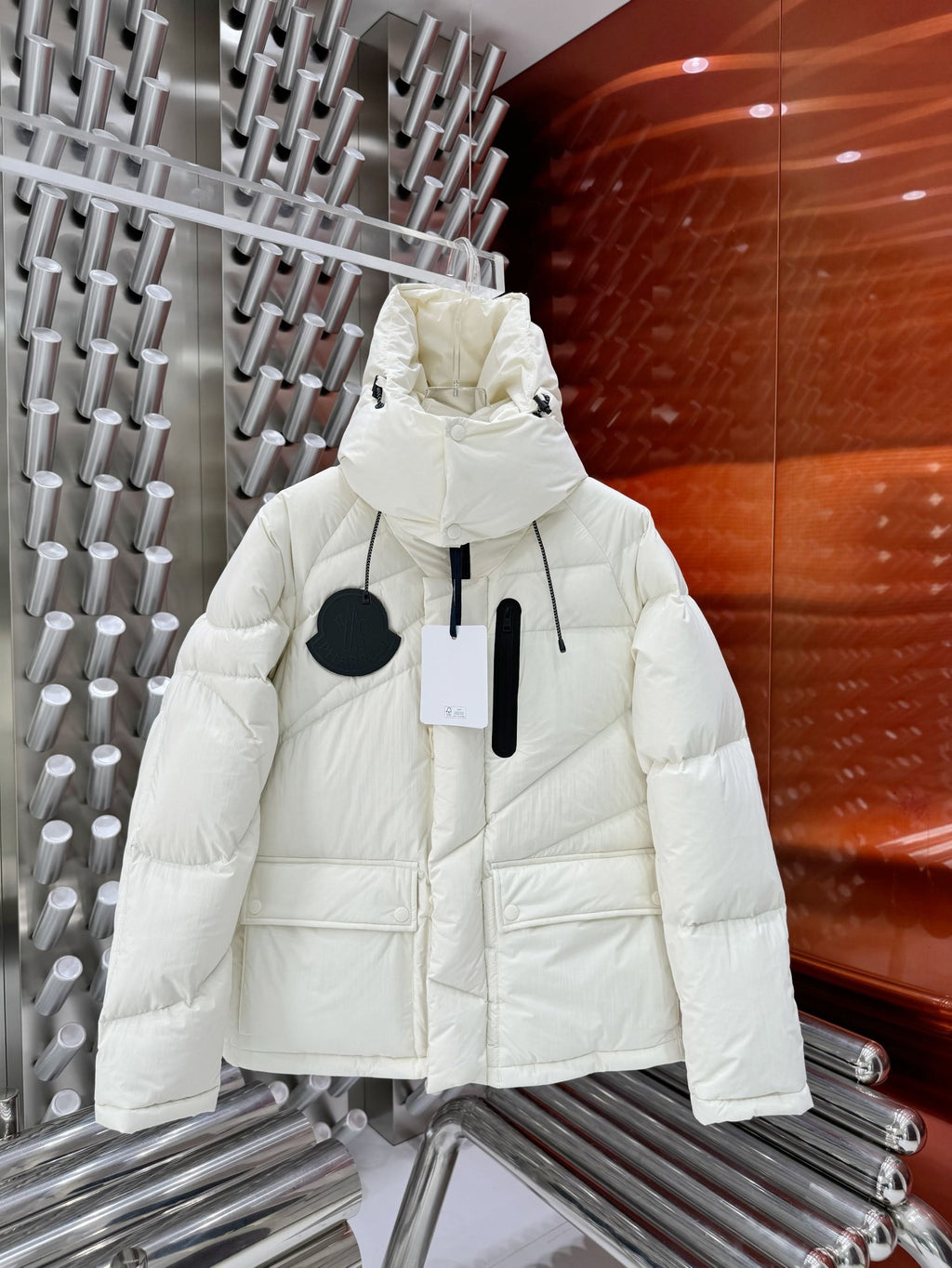 Moncler Men's White Hooded Down Jacket – Black Logo Patch Oversized Puffer