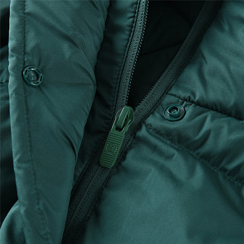 Lululemon Women's Forest Green Hooded Down Jacket – Tonal Text Snap-Front Puffer