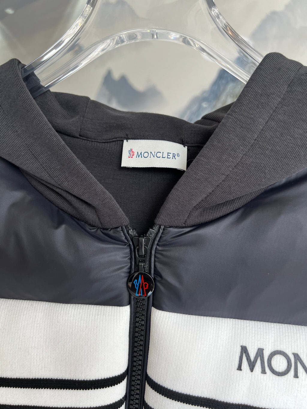 Moncler Men's Charcoal Grey Cardigan Zip Hoodie – White Stripe Quilted Front Hybrid Jacket