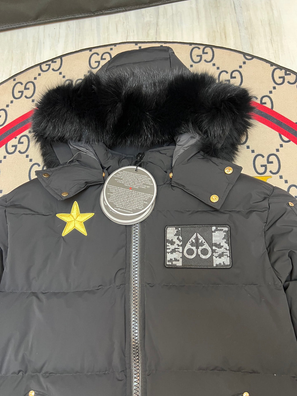 Moose Knuckles Women's Jet Black Military Edition Down Jacket – Black Fox Fur Hood Gold MK Hook Army Patch Embroidered Short Puffer Coat