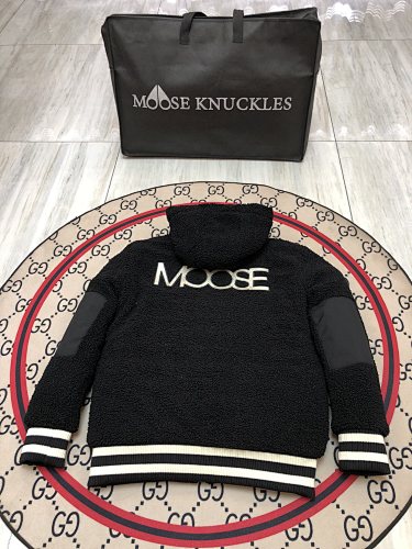 Moose Knuckles Women's Jet Black Sherpa Fleece Hoodie Jacket – Teddy Hooded Zip-Up Coat with Back Logo Stripe Trim Leather Elbow Patch