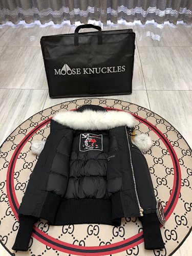 Moose Knuckles Women's Jet Black 3Q Down Jacket – Black Fox Fur Trim White Pom-Pom Hood Silver MK Hook Ribbed Knit Cuff Short Puffer Coat