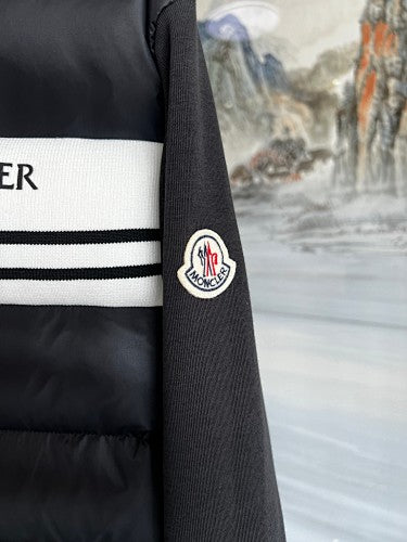 Moncler Men's Charcoal Grey Cardigan Zip Hoodie – White Stripe Quilted Front Hybrid Jacket