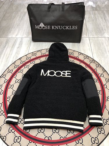 Moose Knuckles Women's Jet Black Sherpa Fleece Hoodie Jacket – Teddy Hooded Zip-Up Coat with Back Logo Stripe Trim Leather Elbow Patch