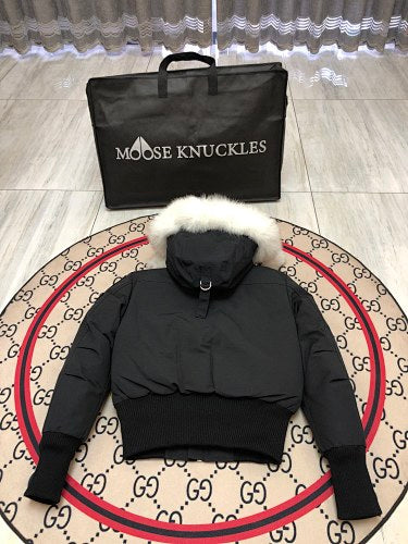 Moose Knuckles Women's Jet Black 3Q Down Jacket – Black Fox Fur Trim White Pom-Pom Hood Silver MK Hook Ribbed Knit Cuff Short Puffer Coat