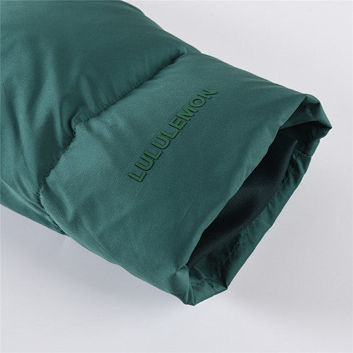 Lululemon Women's Forest Green Hooded Down Jacket – Tonal Text Snap-Front Puffer