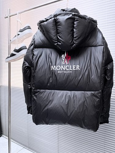 Moncler Men's Black Matt Black Edition Hooded Down Jacket – Back Logo Print Oversized Puffer