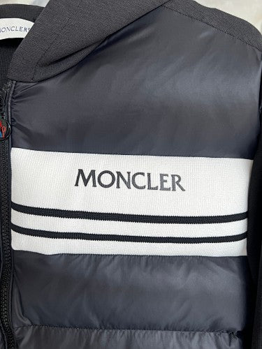 Moncler Men's Charcoal Grey Cardigan Zip Hoodie – White Stripe Quilted Front Hybrid Jacket