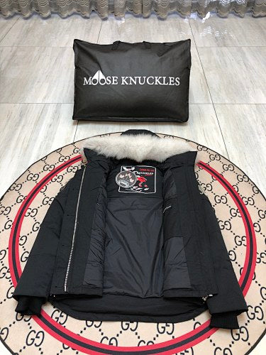 Moose Knuckles Women's Jet Black Stirling Down Jacket – White Fox Fur Trim Hood Silver MK Hook Snap-Button Short Puffer Coat