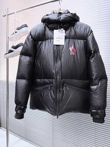 Moncler Men's Black Matt Black Edition Hooded Down Jacket – Back Logo Print Oversized Puffer