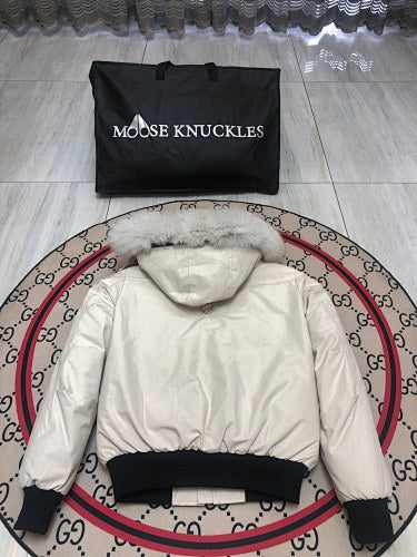 Moose Knuckles Women's Glacier Grey 3Q Down Jacket – Grey Fox Fur Trim Hood Silver MK Hook Detail Short Puffer Coat
