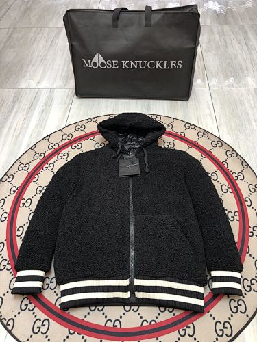 Moose Knuckles Women's Jet Black Sherpa Fleece Hoodie Jacket – Teddy Hooded Zip-Up Coat with Back Logo Stripe Trim Leather Elbow Patch