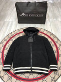 Moose Knuckles Women's Jet Black Sherpa Fleece Hoodie Jacket – Teddy Hooded Zip-Up Coat with Back Logo Stripe Trim Leather Elbow Patch