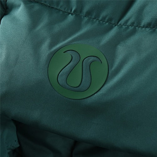 Lululemon Women's Forest Green Hooded Down Jacket – Tonal Text Snap-Front Puffer