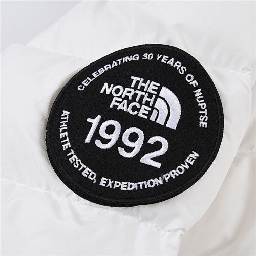 The North Face Men's White Grey Nuptse 1992 Down Jacket – Colorblock Anniversary Badge Puffer