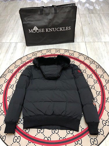 Moose Knuckles Women's Jet Black Military Edition Down Jacket – Black Fox Fur Hood Gold MK Hook Army Patch Embroidered Short Puffer Coat