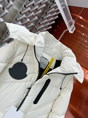 Moncler Men's White Hooded Down Jacket – Black Logo Patch Oversized Puffer