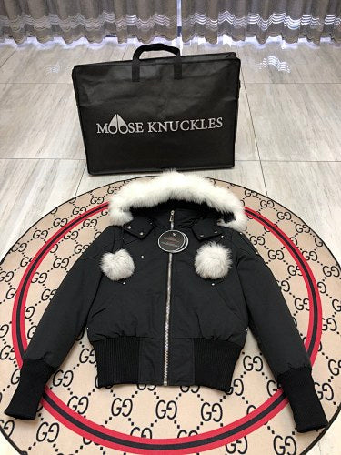 Moose Knuckles Women's Jet Black 3Q Down Jacket – Black Fox Fur Trim White Pom-Pom Hood Silver MK Hook Ribbed Knit Cuff Short Puffer Coat