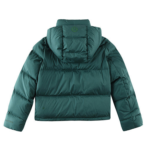 Lululemon Women's Forest Green Hooded Down Jacket – Tonal Text Snap-Front Puffer