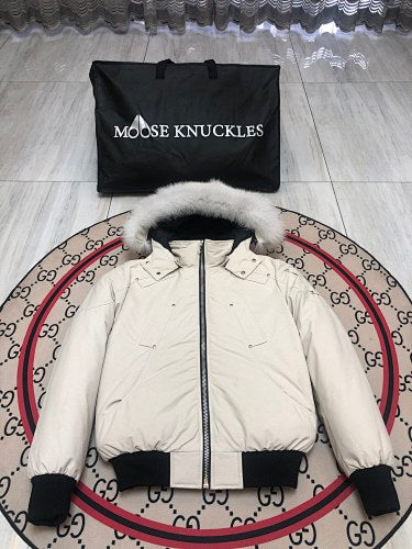 Moose Knuckles Women's Glacier Grey 3Q Down Jacket – Grey Fox Fur Trim Hood Silver MK Hook Detail Short Puffer Coat
