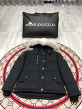 Moose Knuckles Women's Jet Black Stirling Down Jacket – White Fox Fur Trim Hood Silver MK Hook Snap-Button Short Puffer Coat