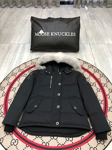 Moose Knuckles Women's Jet Black Stirling Down Jacket – White Fox Fur Trim Hood Silver MK Hook Snap-Button Short Puffer Coat