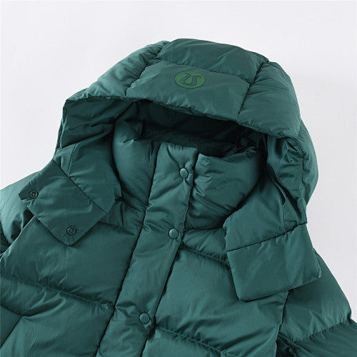 Lululemon Women's Forest Green Hooded Down Jacket – Tonal Text Snap-Front Puffer