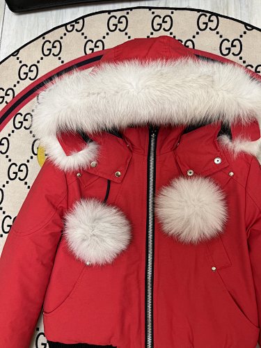 Moose Knuckles Women's Scarlet Red 3Q Parka – White Fox Fur Pom-Pom Trim Hood Gold MK Hook Ribbed Knit Cuff Short Down Coat