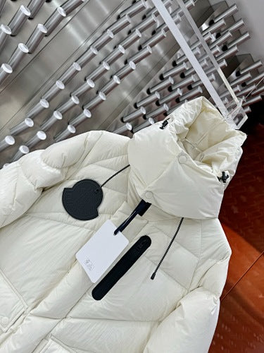 Moncler Men's White Hooded Down Jacket – Black Logo Patch Oversized Puffer