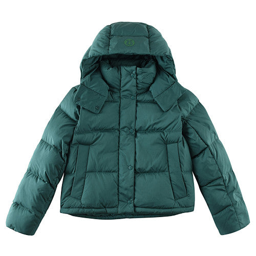 Lululemon Women's Forest Green Hooded Down Jacket – Tonal Text Snap-Front Puffer