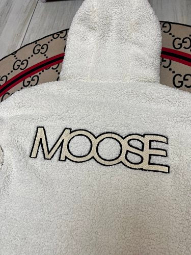 Moose Knuckles Women's Cream White Sherpa Fleece Hoodie Jacket – Teddy Hooded Zip-Up Coat with Rubber Logo Patch