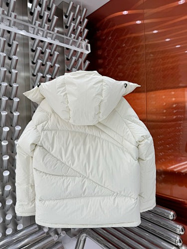 Moncler Men's White Hooded Down Jacket – Black Logo Patch Oversized Puffer