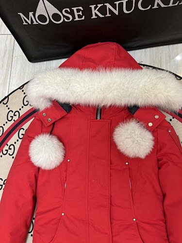Moose Knuckles Women's Scarlet Red Ballistic Parka – White Fox Fur Trim Pom-Pom Hood Premium Down Long Puffer Coat