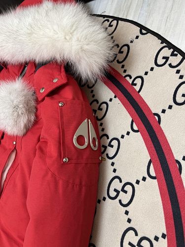 Moose Knuckles Women's Scarlet Red Ballistic Parka – White Fox Fur Trim Pom-Pom Hood Premium Down Long Puffer Coat