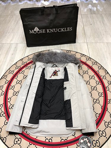 Moose Knuckles Women's Pearl White Stirling Down Jacket – Grey Fox Fur Trim Hood Black MK Hook Multi-Pocket Short Puffer Coat