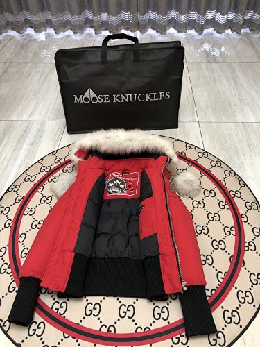 Moose Knuckles Women's Scarlet Red 3Q Parka – White Fox Fur Pom-Pom Trim Hood Gold MK Hook Ribbed Knit Cuff Short Down Coat